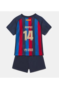 Fotbalové Dres Barcelona Memphis Depay #14 Dětské Domácí Oblečení 2022-23 Krátký Rukáv (+ trenýrky)